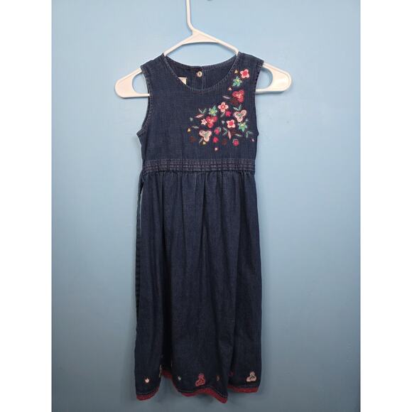 Size 8 Vintage Laura Ashley Girls Embroidered Denim Pinafore Dress - Picture 1 of 5